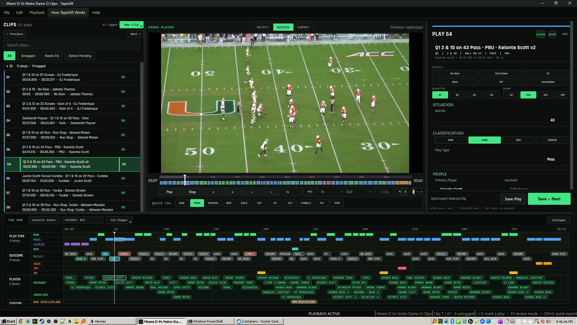 TapeSift desktop workspace reviewing and tagging Miami versus Notre Dame football film